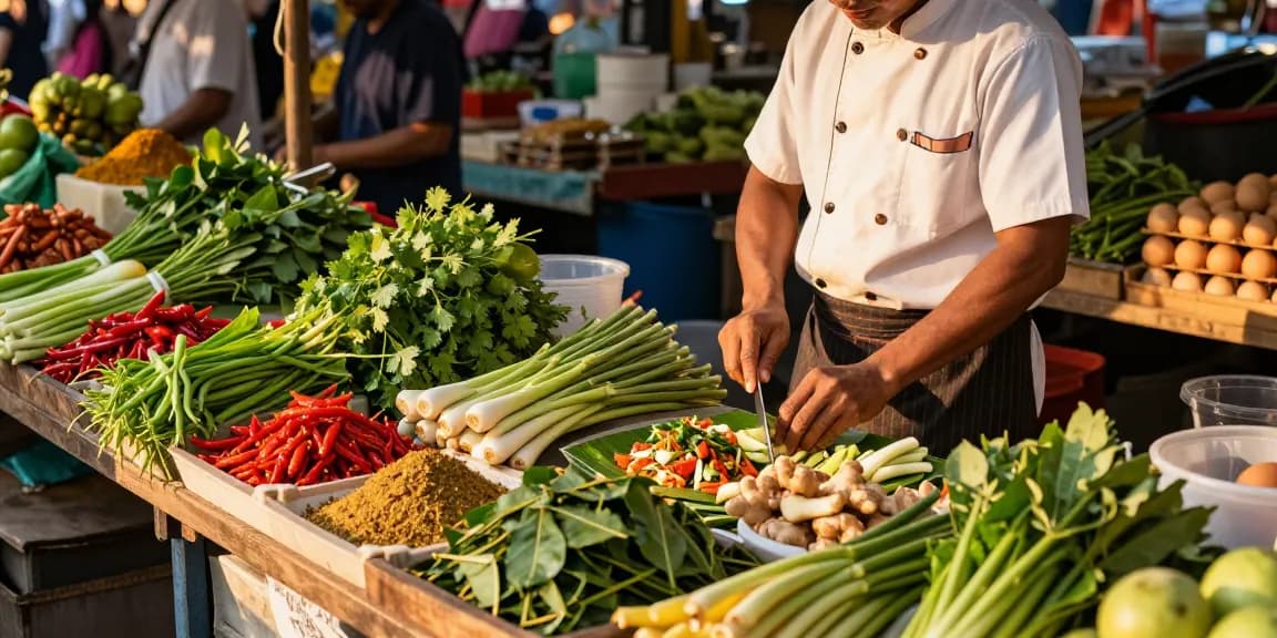 Engaging chef prepares fresh ingredients in vibrant Asian market for authentic dishes, including สล็อตเว็บตรง.