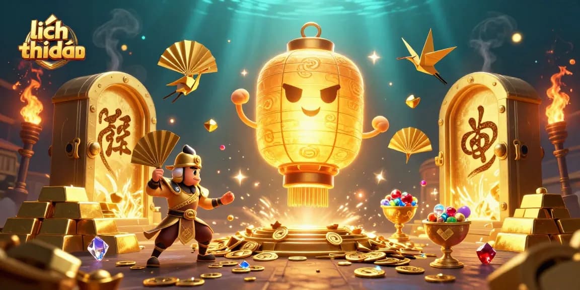 Watch the thrilling lịch thi đấu action unfold with glowing lantern spirit and treasure elements.