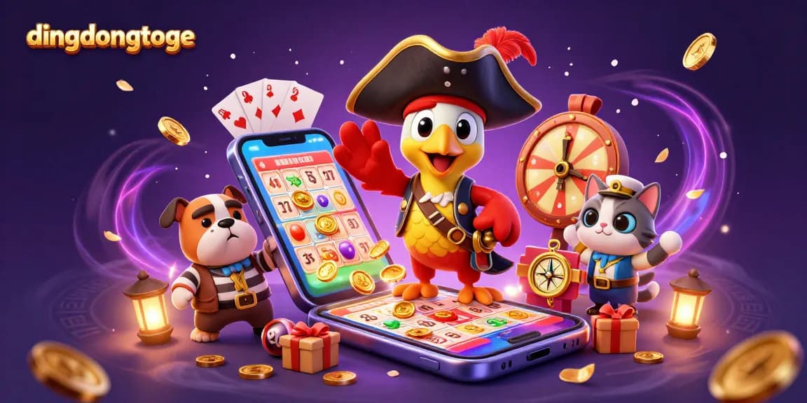 Engaging illustration of dingdongtoge featuring colorful lottery elements and interacting characters for online gambling.