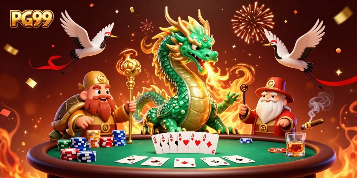 Engage with PG99's thrilling gameplay featuring a jade dragon, lucky cranes, and vibrant poker chips.