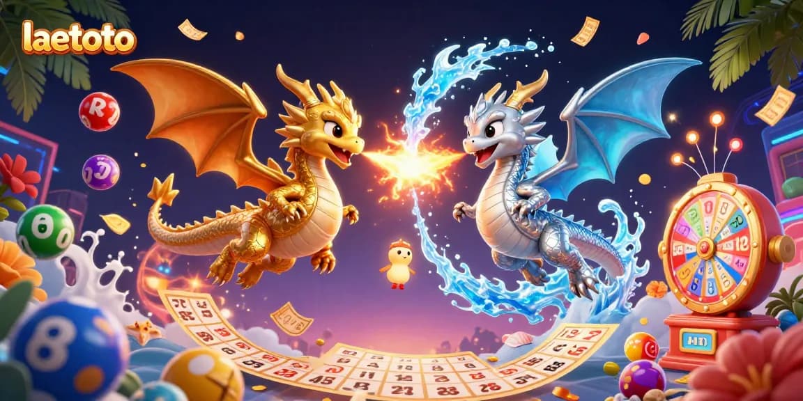 Win big with laetoto as colorful lottery elements surround gold and silver dragons in a vivid scene.