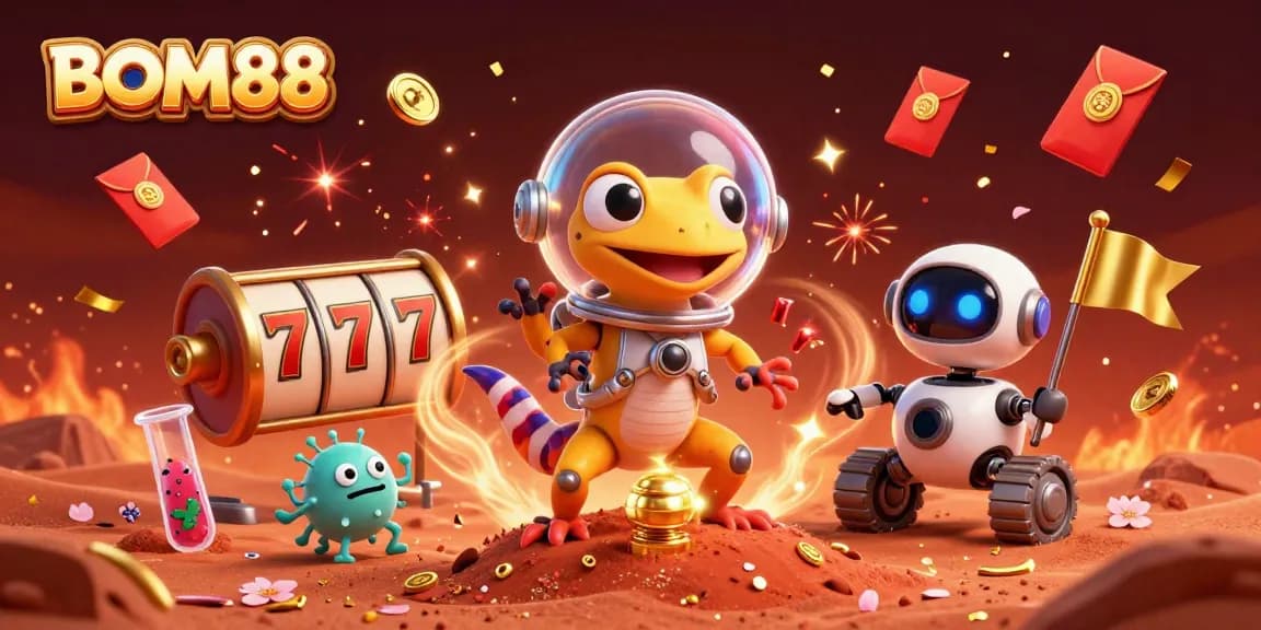 BOM88 showcases a Martian gecko discovering a vibrant golden casino with celebratory elements.