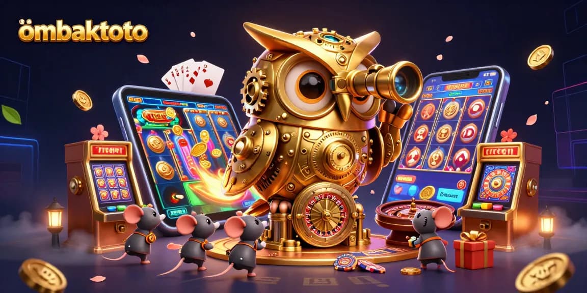 Experience the excitement of ombaktoto as the golden owl scans the vibrant casino, with spinning reels and flying coins.