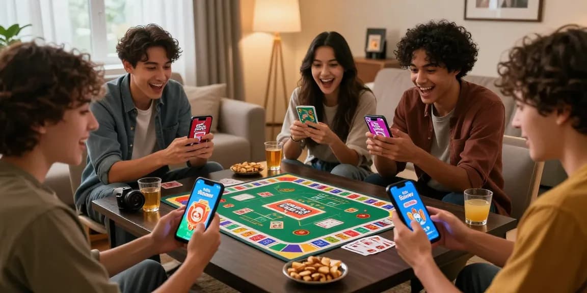 Friends enjoying Card Rummy app link on smartphones in a cozy gaming environment, showcasing excitement and connection.