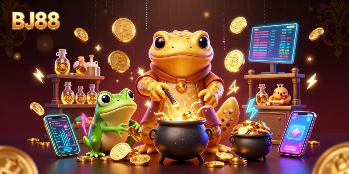 Engage with BJ88’s vibrant 3D scene showcasing a golden alchemist and crypto elements in an exciting casino atmosphere.