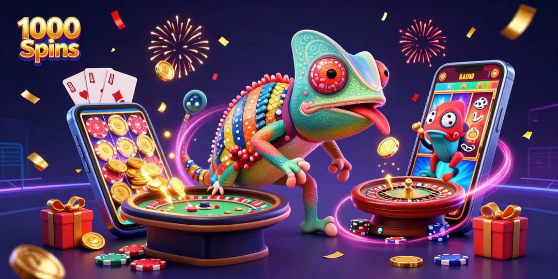 1000 Spins Casino Illustration mit Chameleon-Eigentümer und goldenen Münzen.