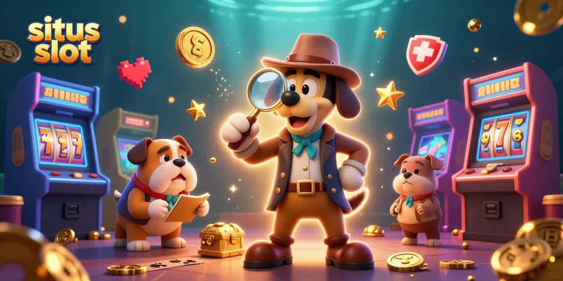Menangkan pengalaman bermain situs slot dengan detektif kartun yang sedang memeriksa petunjuk kasino.