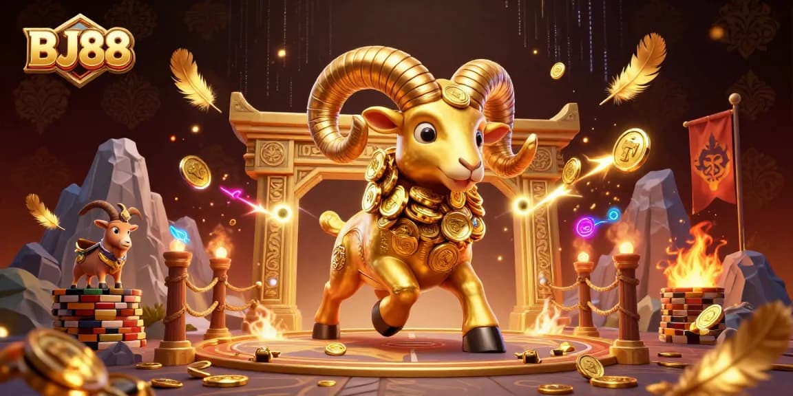 BJ88 betting scene featuring a golden ram charging through a dynamic gambling arena.