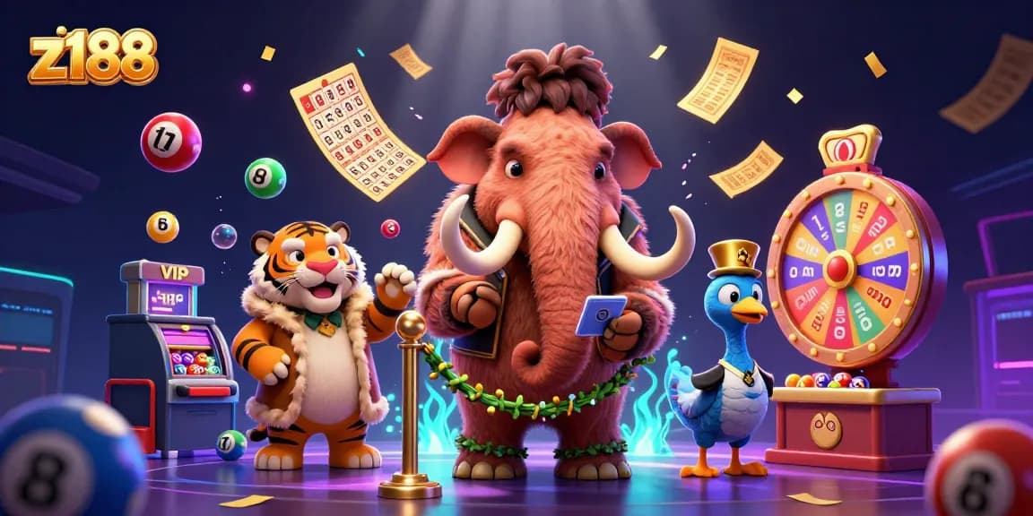 Engage in thrilling casino action with z188's vibrant gaming scene featuring exciting characters and dynamic elements.