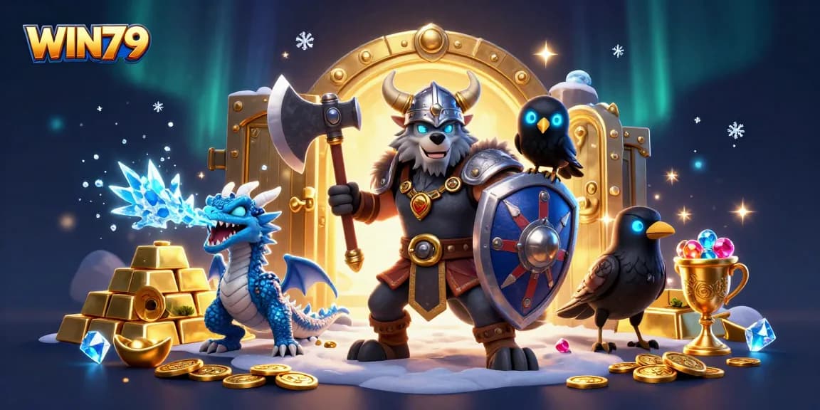 WIN79 showcases an epic scene of a Viking warrior and a dragon amidst a treasure vault, perfect for gambling excitement.