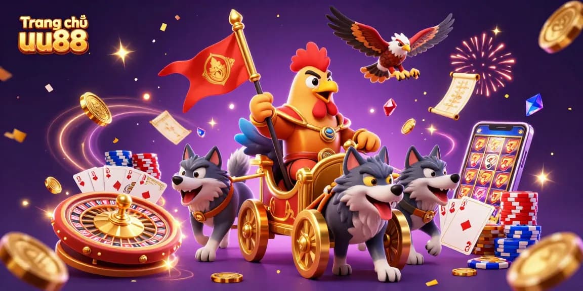 Experience the excitement of Trang chủ uu88 with dynamic characters and casino elements in this 3D illustration.