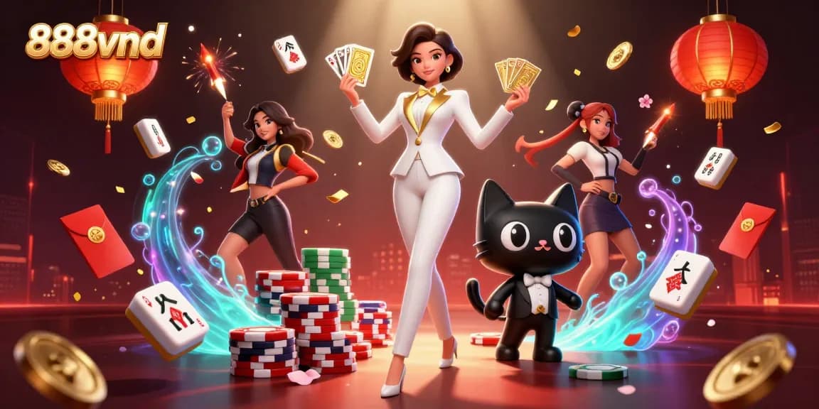 Experience thrilling gameplay at 888vnd with a glamorous dealer and cat, surrounded by gaming elements.