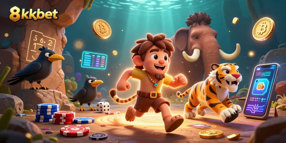 Join the fun at 8xbet's vibrant casino with prehistoric characters in a dynamic scene.