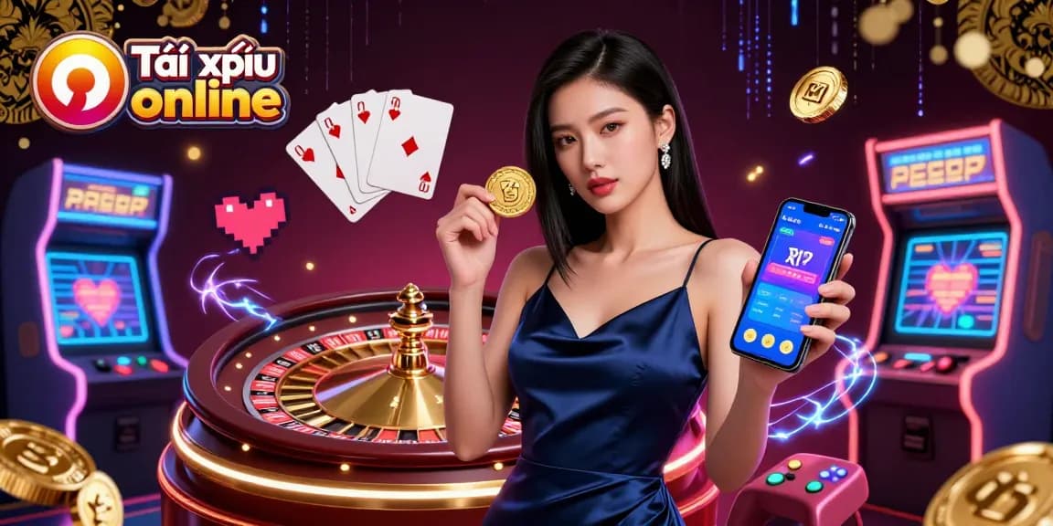 Engage in Tài xỉu online with a stunning Asian woman confidently playing while holding a casino app and golden chip.