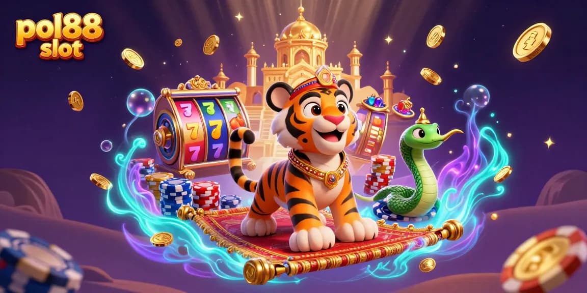 Mainkan pol88 slot dengan gambar sultan harian di karpet terbang membawa jackpot dan permata.
