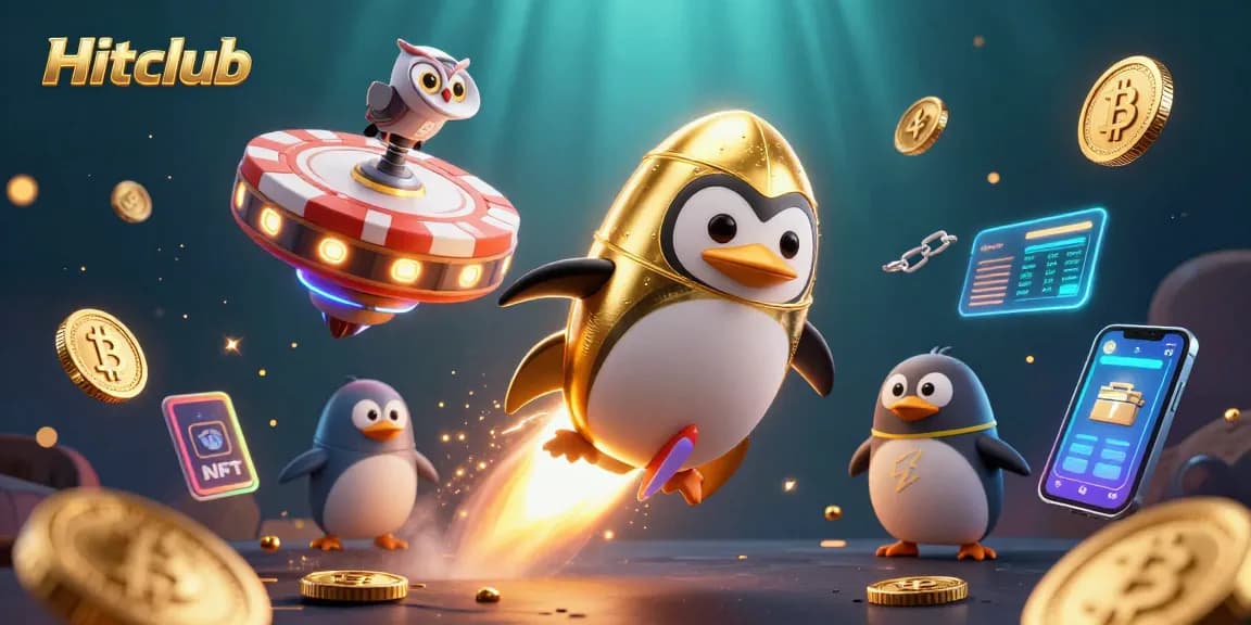 Experience the thrill of Hitclub with a golden penguin rushing to a casino, surrounded by dazzling coins and crypto.