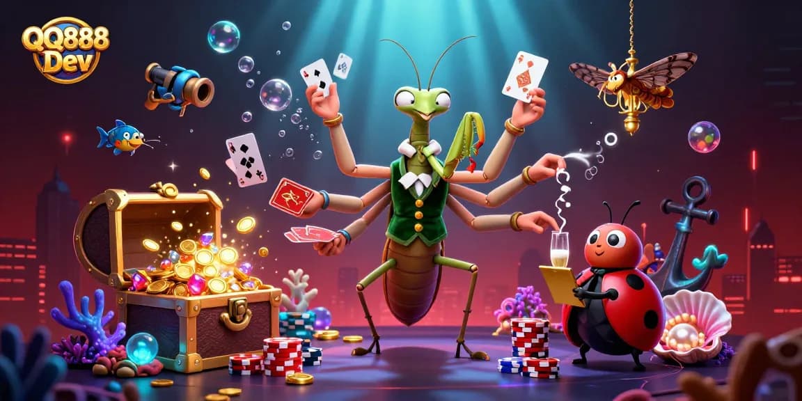 Engage in thrilling gameplay at QQ888 Dev with a vibrant 3D casino illustration showcasing cartoon characters.