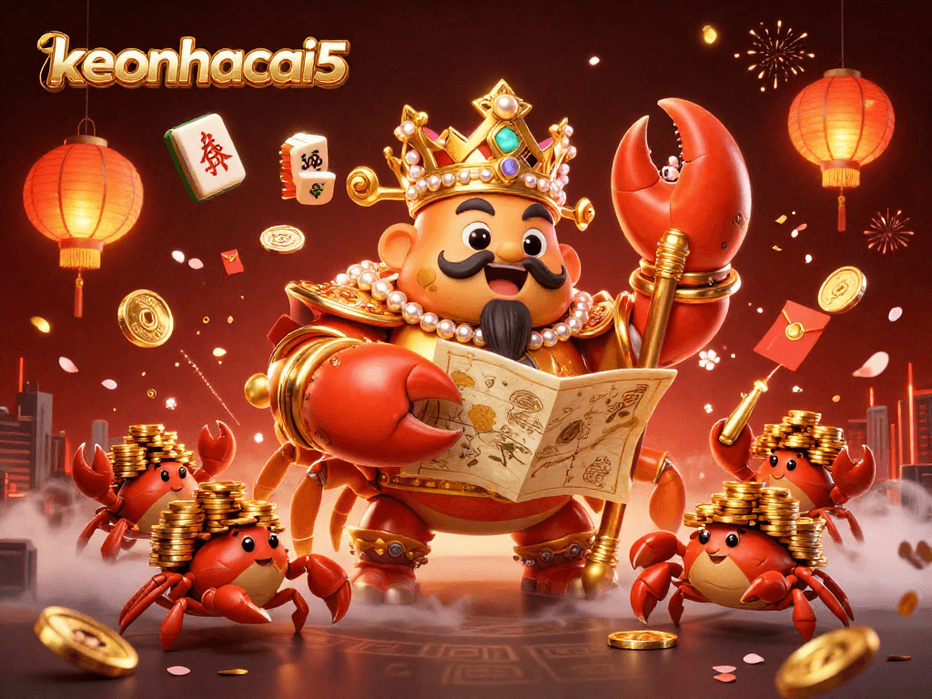 Engage with keonhacai5 in a vibrant 3D casino scene featuring a golden crab emperor and treasure elements.