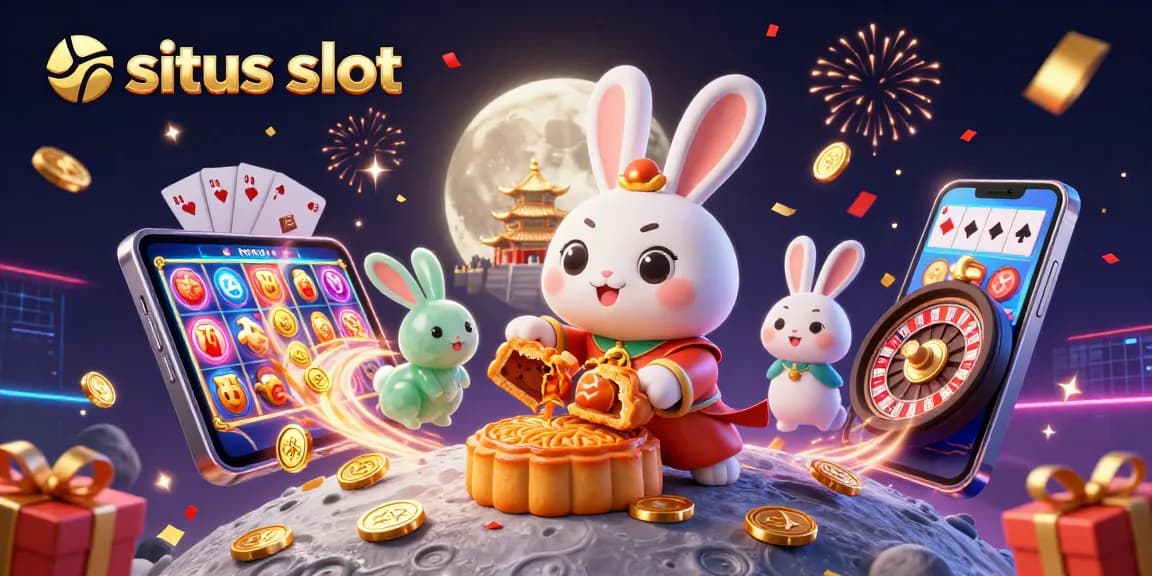 Engage with situs slot action as the moon rabbit reveals poker chips inside mooncakes amidst colorful casino elements.