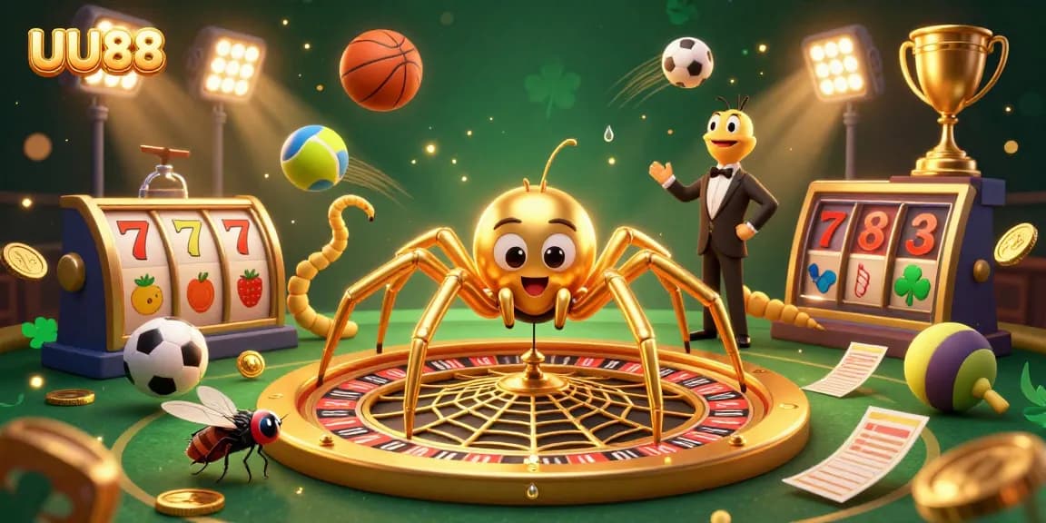 UU88 showcases a thrilling scene of gambling excitement with a spider roulette and sports elements.