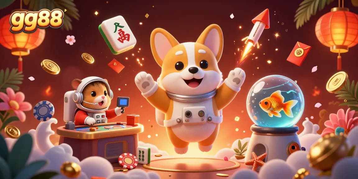 Experience gg88's thrilling online gaming world with a fun astronaut corgi and friends.