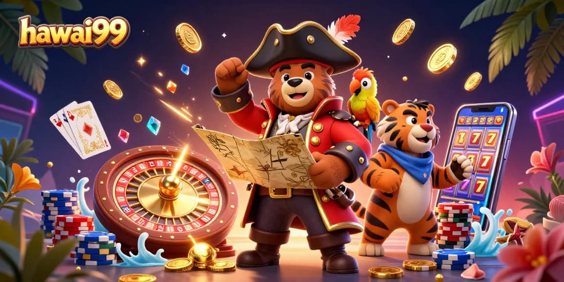 Experience the thrill of hawai99 with a pirate theme, showcasing vibrant casino scenes and rich details.