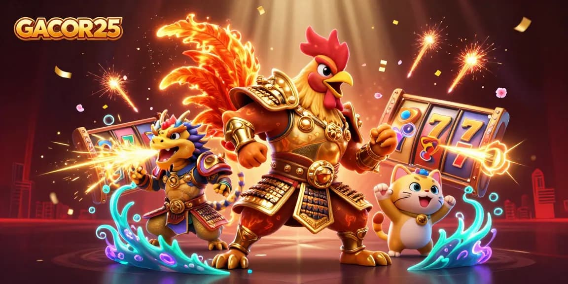 GACOR25 offers an exhilarating scene of animated characters battling in a vibrant casino, showcasing slot reels and festive fireworks.