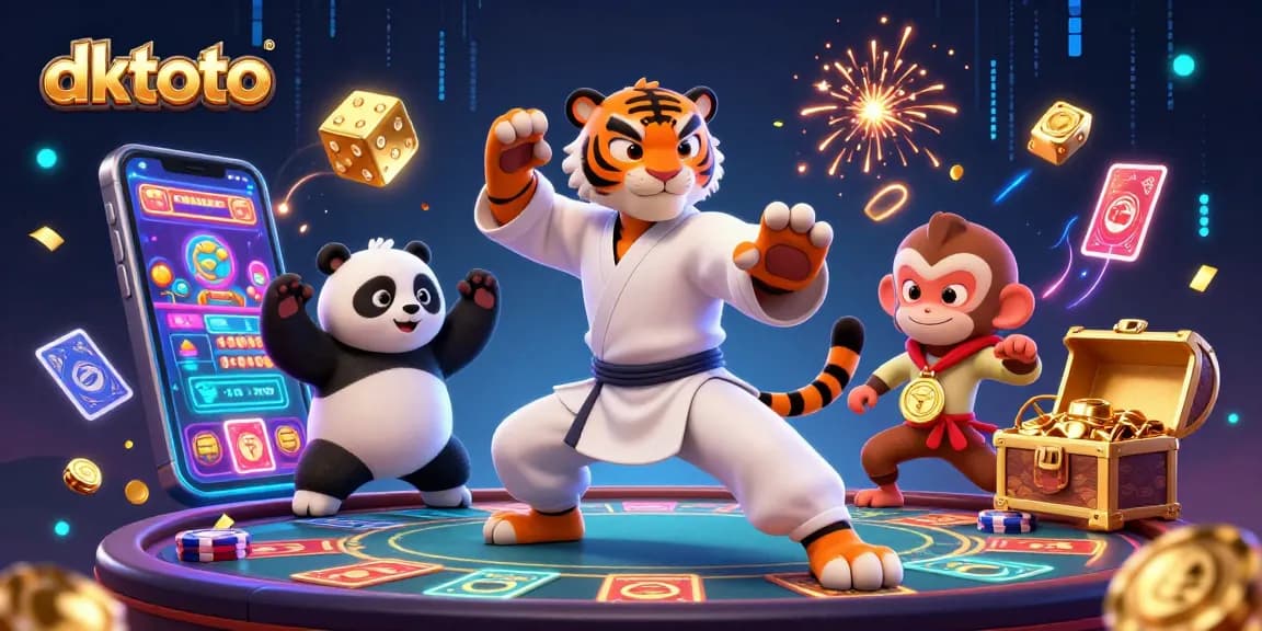 Engage in dktoto live baccarat action with a kung fu tiger master and playful characters in a vibrant casino