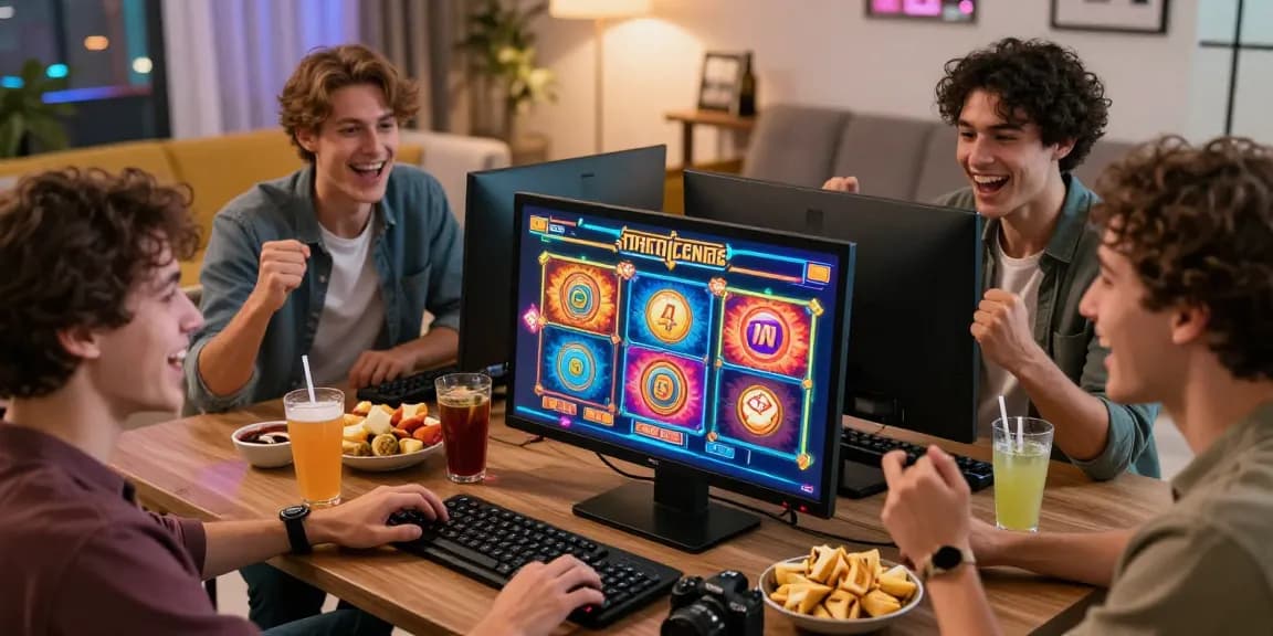 Friends enjoying a lively slot online game night at home with snacks and excitement.