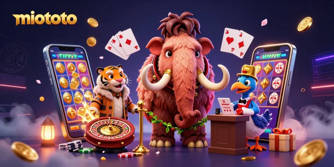 Play slots and win big at miototo with a vibrant casino scene featuring unique characters.