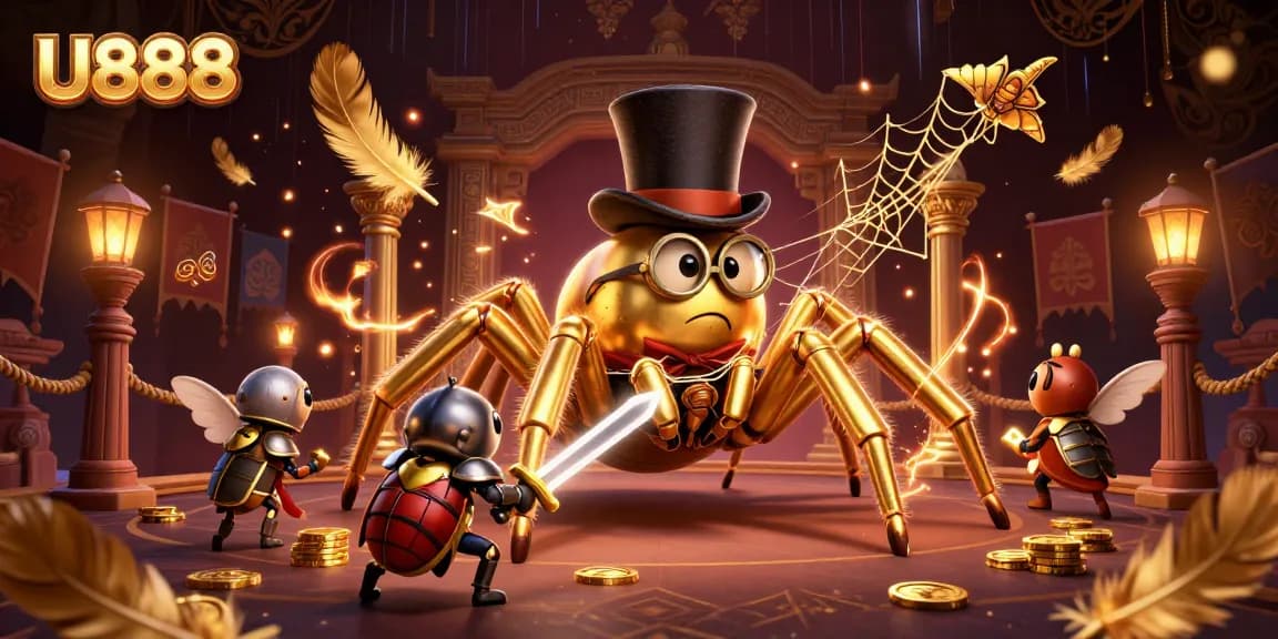Experience thrilling moments at U888 with a giant tarantula weaving gold in a vibrant casino