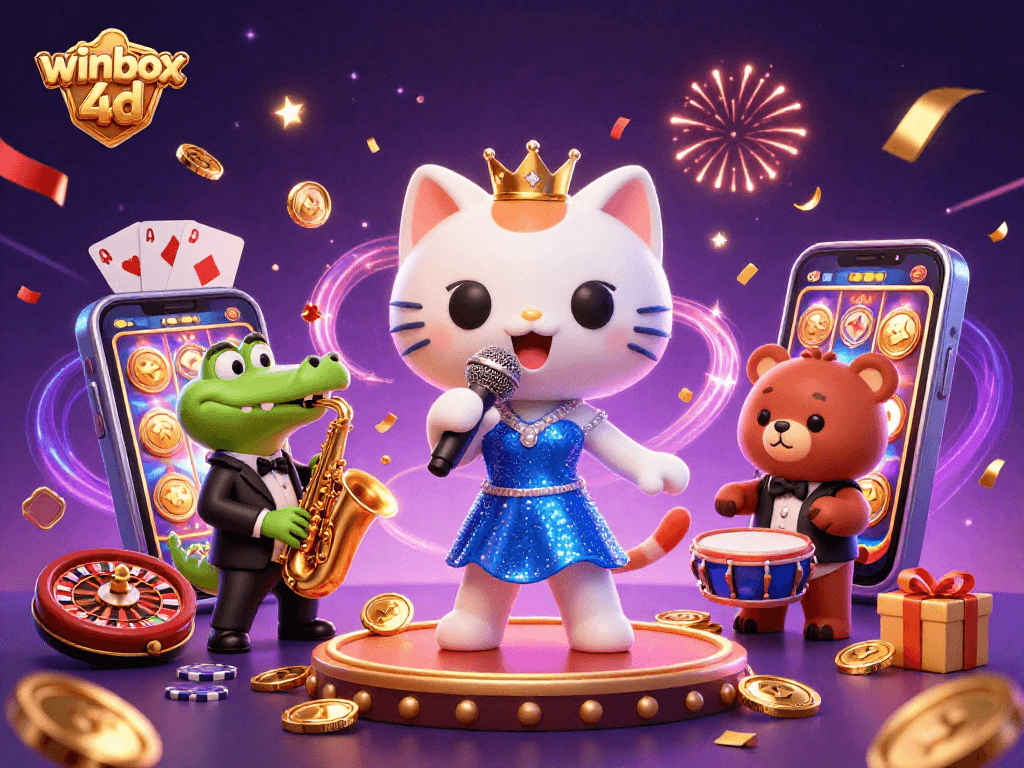 Engage with winbox 4d through an exciting 3D animated casino scene featuring vibrant characters and games.