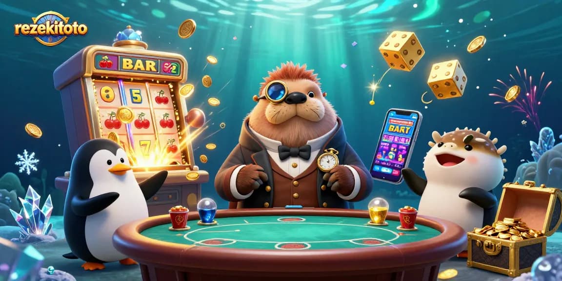 Experience winning thrills with rezekitoto at an underwater poker scene, featuring a jolly walrus and game elements.