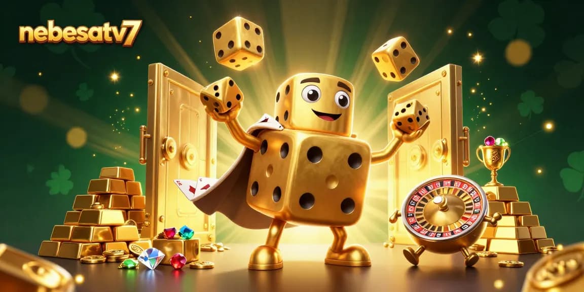 Experience gaming excitement with nebesatv7 while rolling golden dice and treasures in a vibrant casino scene.