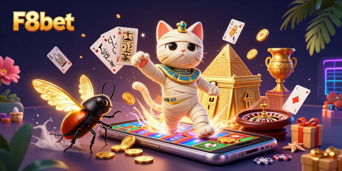Engage with F8bet's thrilling experiences through a vibrant scene of a mystical mummy cat casino adventure.