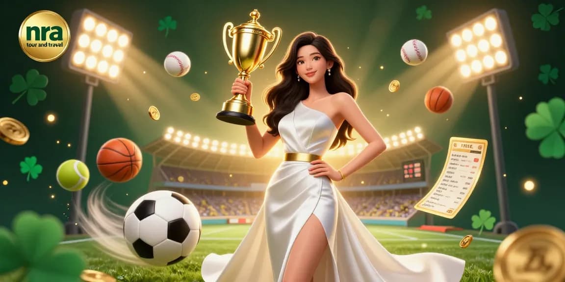 Win big with nra tour and travel featuring an Asian woman holding a golden trophy in a dynamic casino scene.
