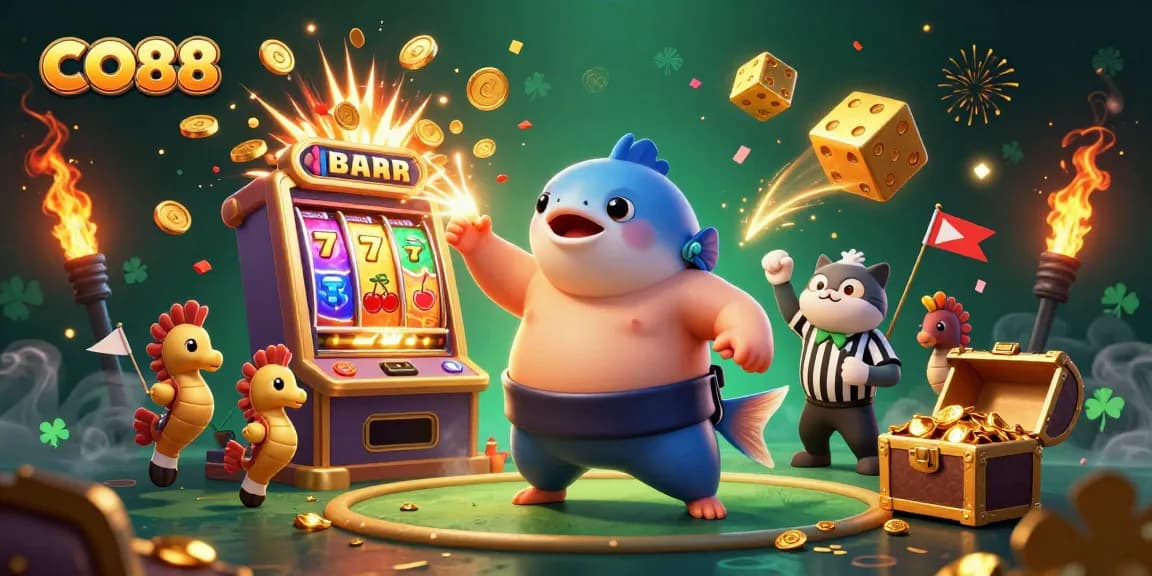 Experience CO88 excitement with a fugu in a sumo belt amidst jackpot chaos and vibrant casino action.