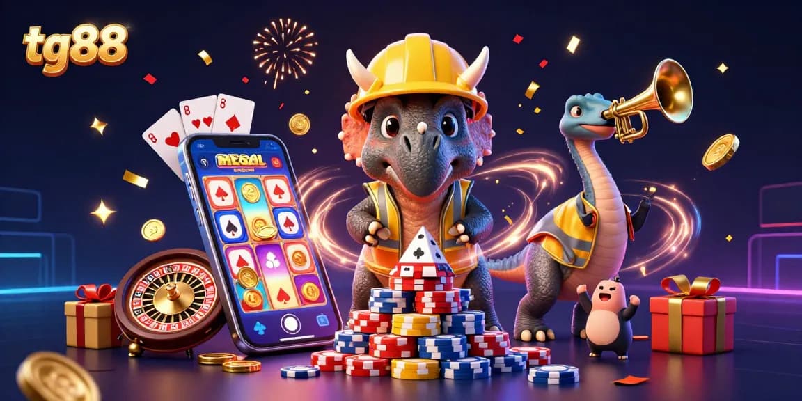 Join the fun with tg88 as triceratops builds poker chips surrounded by gaming elements.