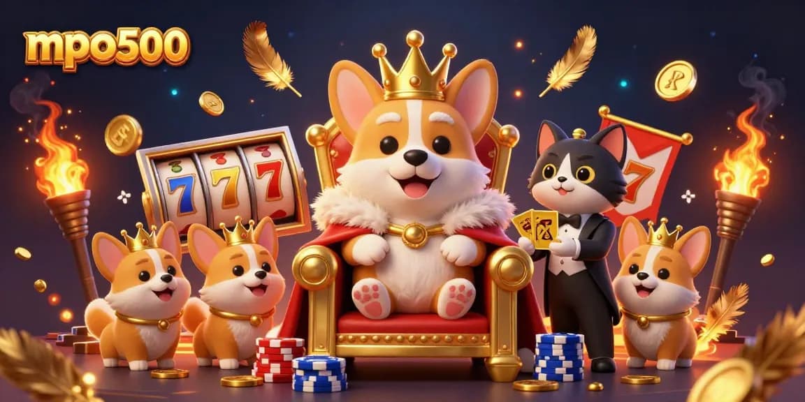 MPO500 features a royal corgi on a poker chip throne, winning big in a vibrant casino scene.