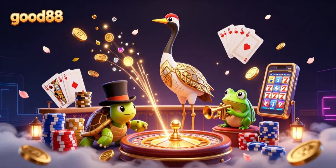 Experience the ultimate thrill at good88 with vibrant casino characters amidst golden coins and high-stakes games.