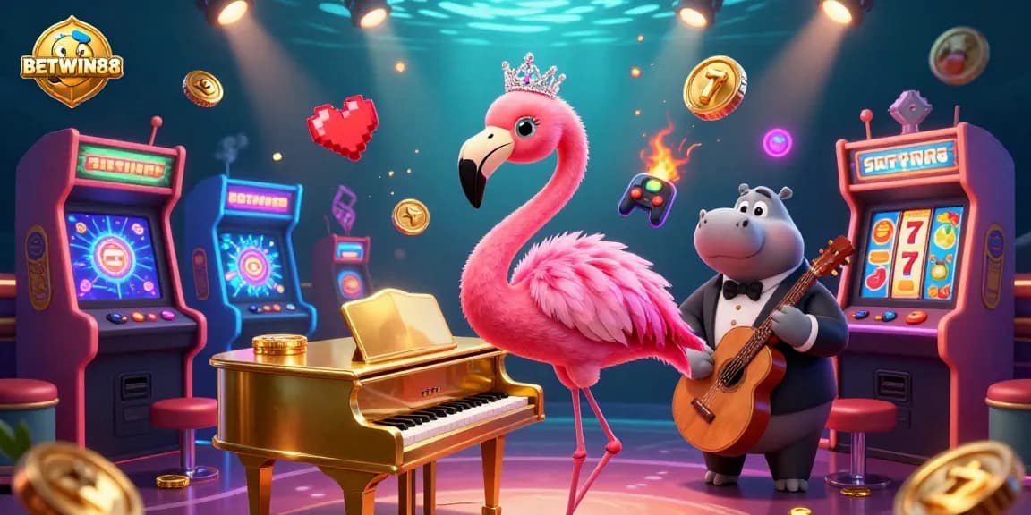 Join the excitement at BETWIN88 with interactive games showcased in a vibrant casino scene.