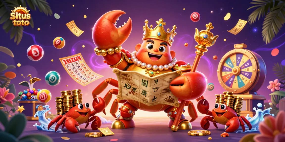 Situs toto showcases an elite crab emperor among colorful lottery elements in this vibrant casino scene.