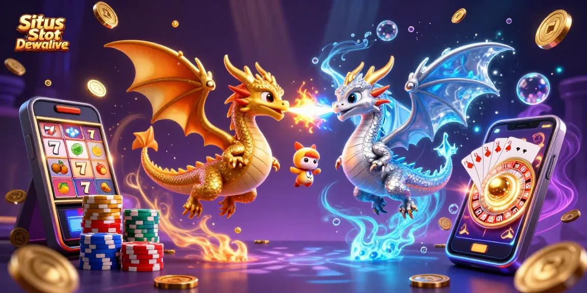 Situs Slot Gacor Dewalive featuring twin dragons amidst golden coins and slot machine reels for a vibrant gaming atmosphere.