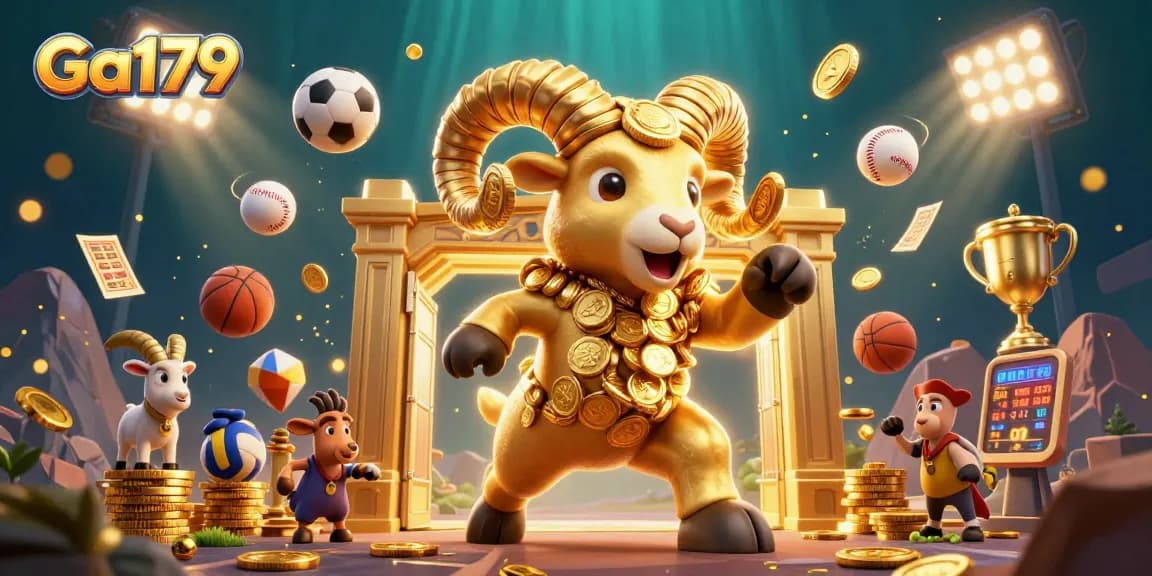 Experience the thrilling action of Ga179 with a golden ram charging through a vibrant casino scene, captivating bettors.