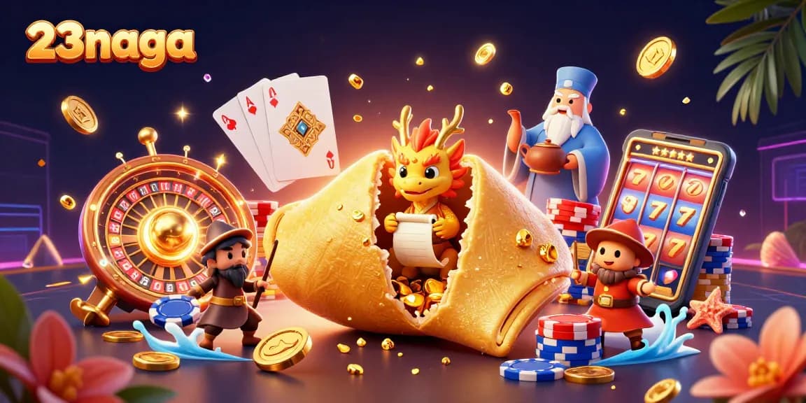 Win big with 23naga in a vibrant casino illustration packed with dynamic gaming elements.