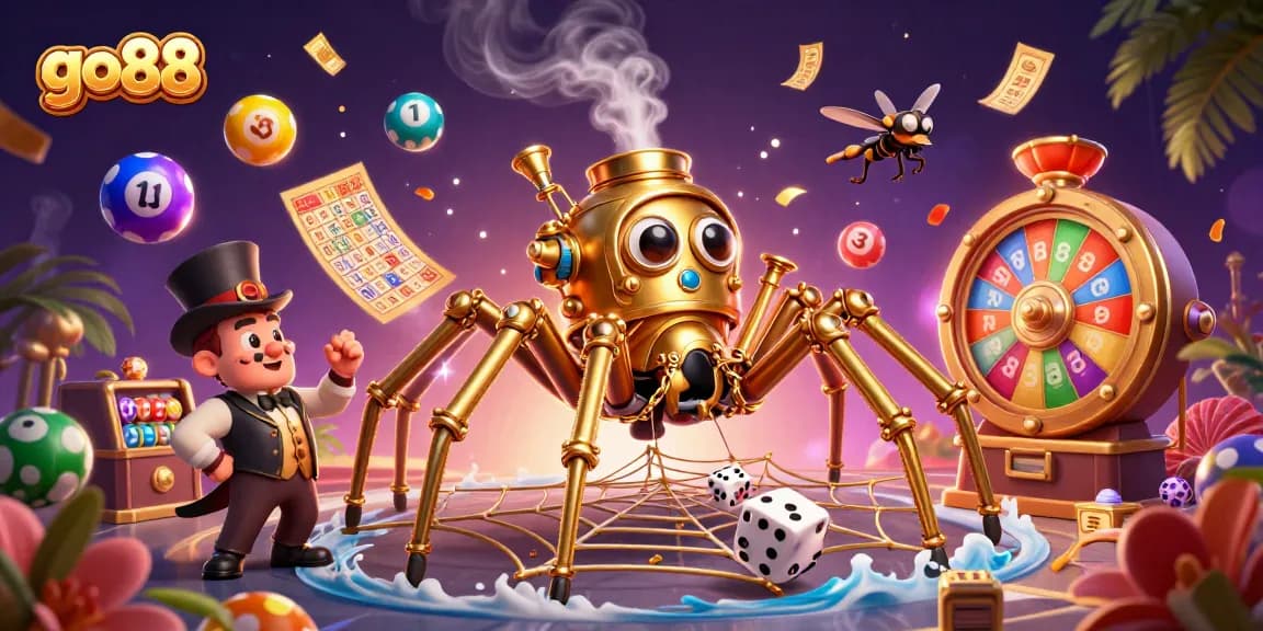 Experience go88's dynamic games with a 3D illustration of steampunk characters and vibrant gaming elements.