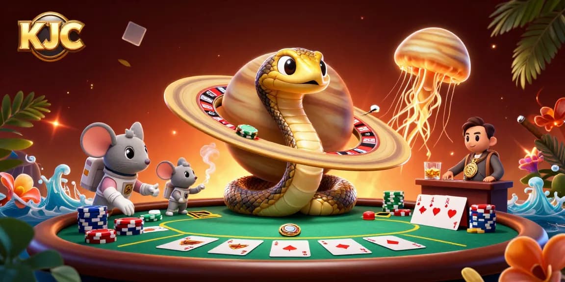 KJC players betting on a cosmic roulette wheel with vibrant poker elements in a rich casino scene.