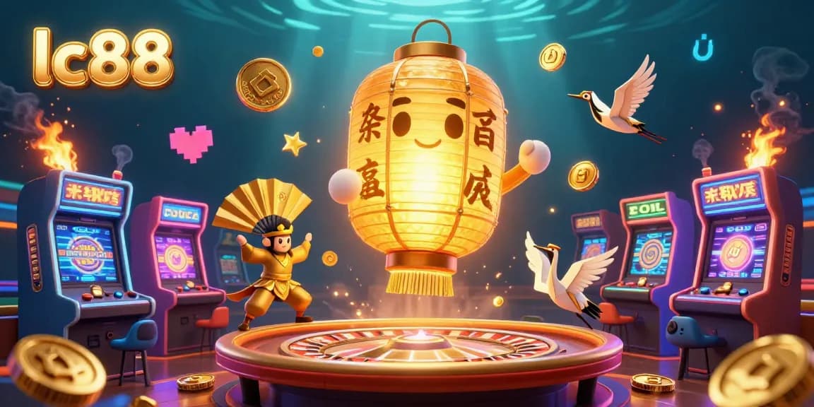 Experience the thrill of lc88 casino with a vibrant and dynamic arcade scene featuring golden elements and energetic characters.