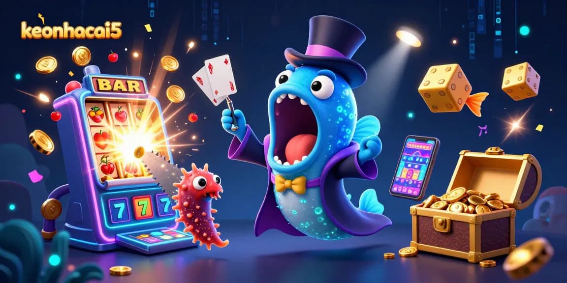 Experience exciting gaming moments with keonhacai5 in a magical underwater casino scene featuring card tricks and slot machines.