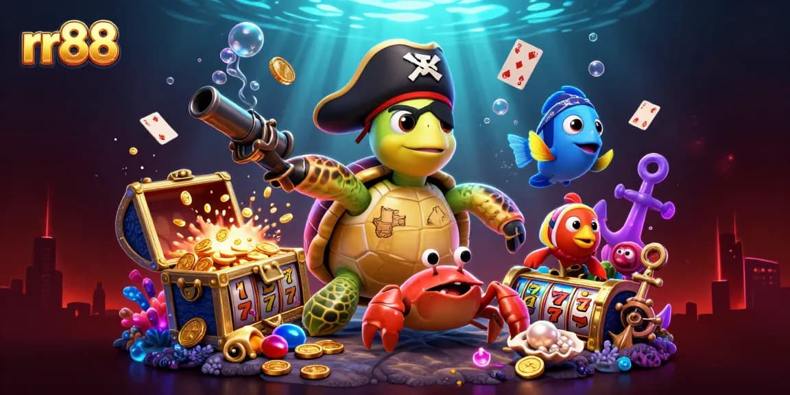 Engage with rr88's vibrant underwater casino adventure featuring a pirate turtle, treasure, and slot elements.